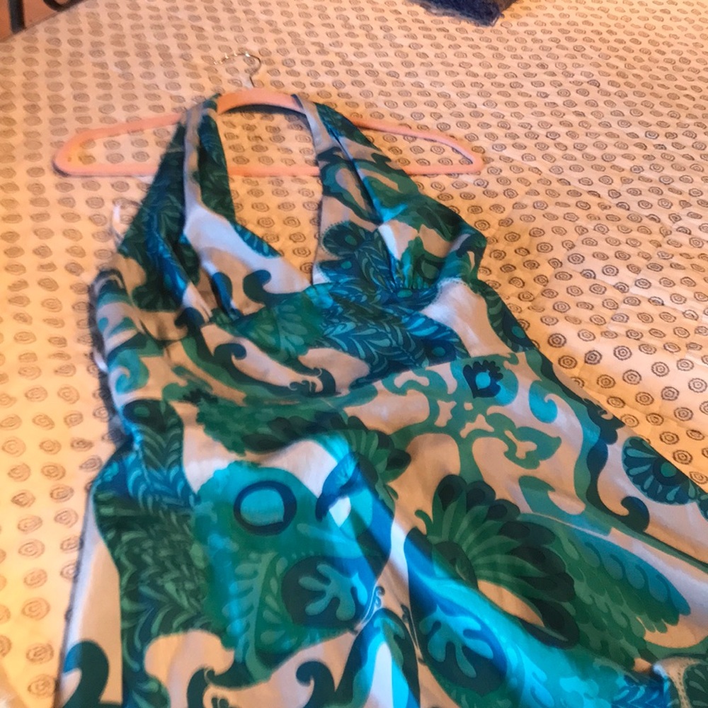 Beautiful Chinese Laundry Silk and Cotton peacock Halter dress